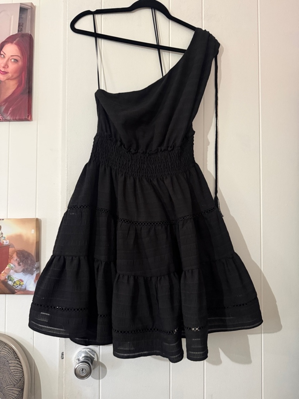 Taylor Black One-Shoulder Tiered Mini Dress